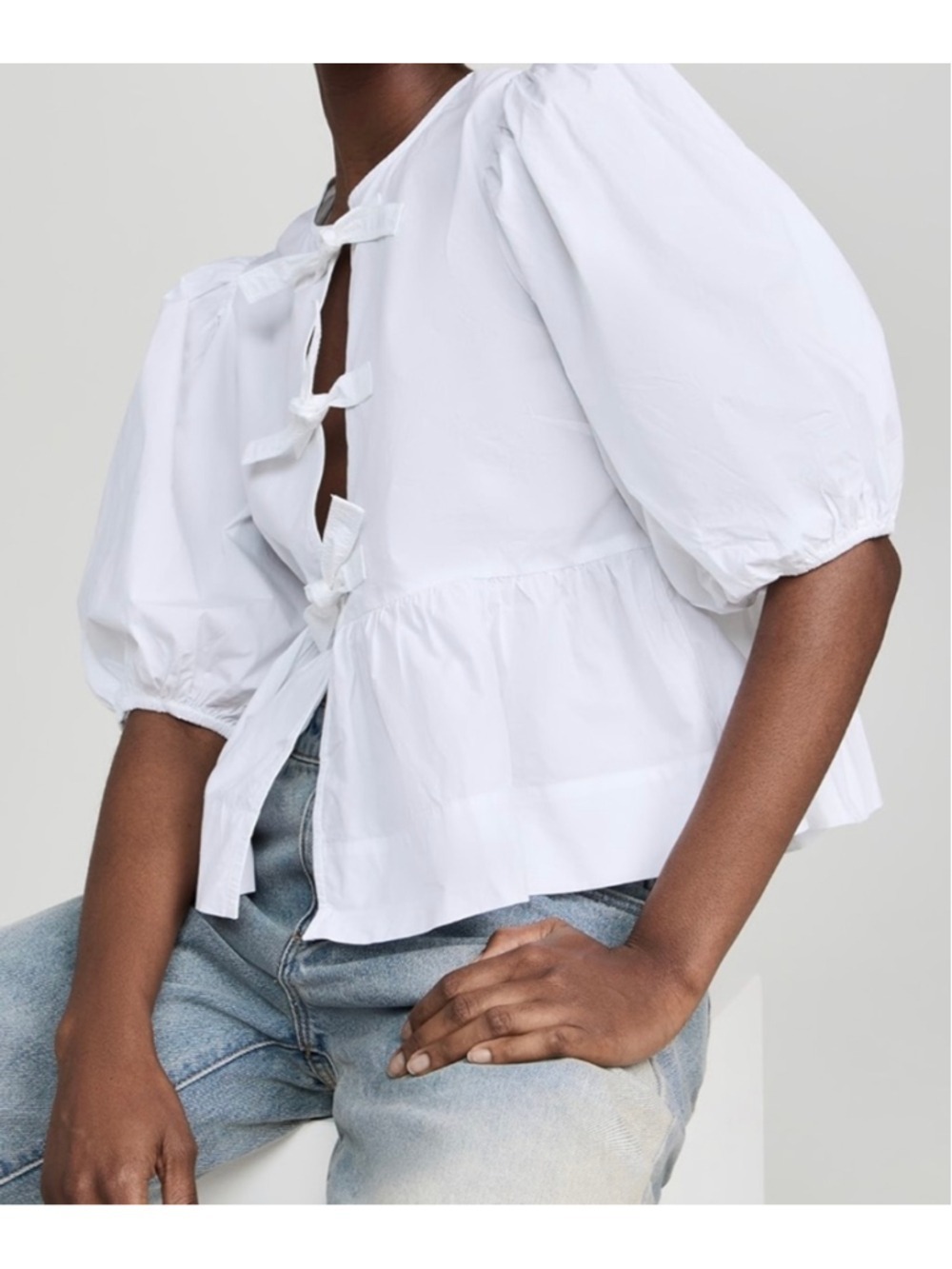 NWT GANNI White Cotton Poplin Peplum Tie Front Blouse 49/L:8-10